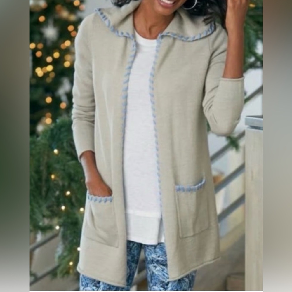 Soft Surroundings Wool Hooded Whip Stitch Open Cardigan Sweater Rolled Hem 2X